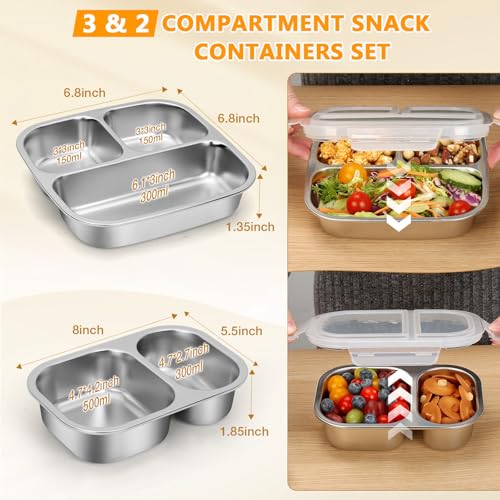 DUNPUTE Stainless Steel Snack Containers with Lids 2 Pack Stainless Steel Bento Box Metal Lunch Box with 3 2 Compartments Food Storage for Snacks Fruit Sauce Dishwasher Safe for Travel - Image 3