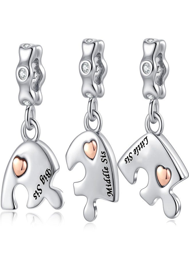 QeenseKc 3PCs Big Middle Little Sister Charm Set Matching Puzzle Heart Bead Compatible with Pandora Bracelet Women - Image 3