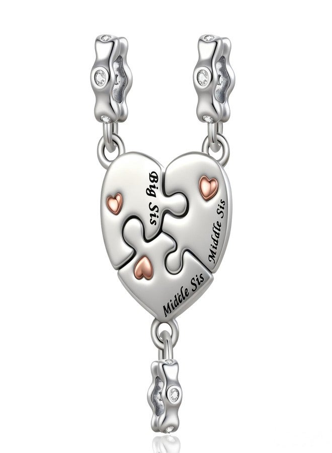 QeenseKc 3PCs Big Middle Little Sister Charm Set Matching Puzzle Heart Bead Compatible with Pandora Bracelet Women - Image 1