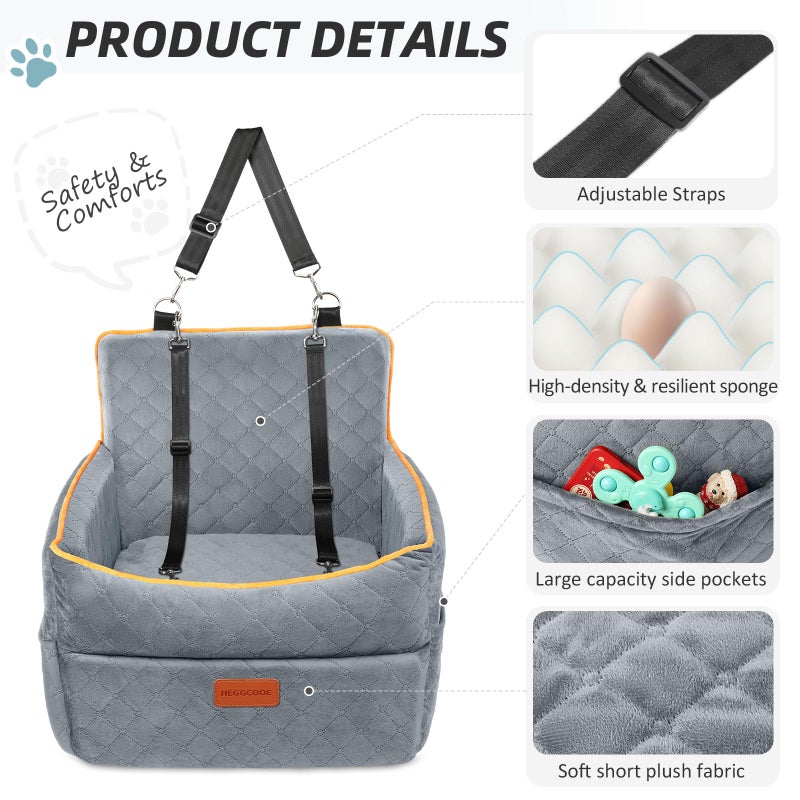HEGGCOOE Dog Car Seat for Small Medium Dogs, Memory Foam Puppy Dog Booster Seat with Thick Cushion for Dogs Under 35lbs, Detachable Washable Pet Car Seat Travel Bed with Storage Pockets,2 Safety Belts - Image 4