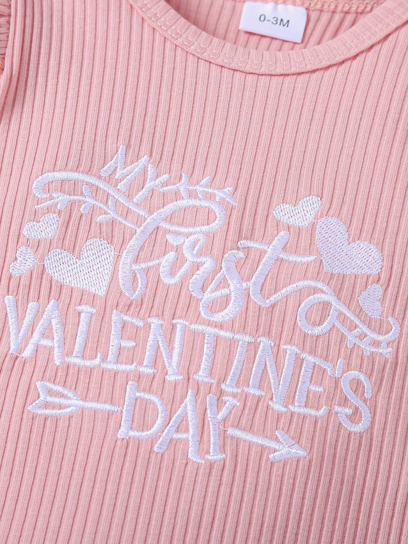 Noubeau My First Valentines Outfits Newborn Baby Girl Outfits Long Sleeve Ribbed Romper Heart Flare Pant Headband 3Pcs(Romper-1,0-3 Months) - Image 4
