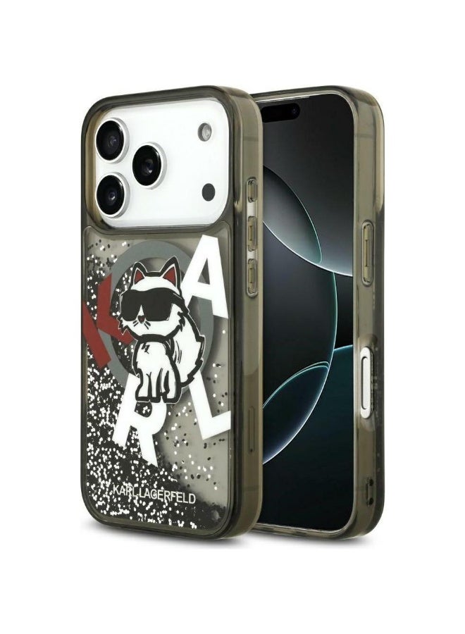 كارل لاغرفيلد غطاء كارل لاغرفيلد ماج سيف سيليكون سائل بريق بتصميم شعار شوبّيت المنتشر لهاتف آيفون 17 برو ماكس – أسود