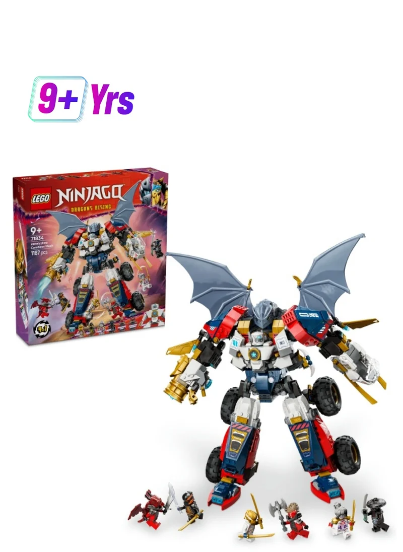 ليغو NINJAGO 4in1 Zane’s Ultra Combiner Mech Toy - Rebuilds into a Jet, Car Model, Dragon & Ninja Figure - Incl. 6 Minifigures for Role Play - Building Set for 9+ Year Old Boys & Girls - 71834 (1187 pieces)