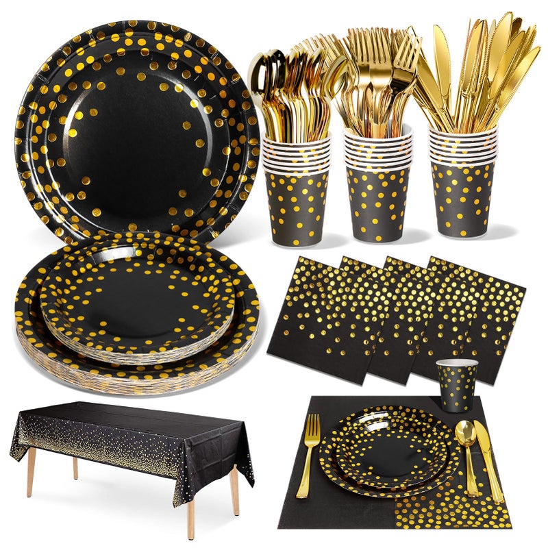 Nkaiso 141 Pieces Black Gold Party Supplies  Party Dinnerware Sets Include Paper Plates Napkins Cups Silverware  for Wedding Bridal Shower Engagement Birthday Parties Decoration -20 Serves - Image 1