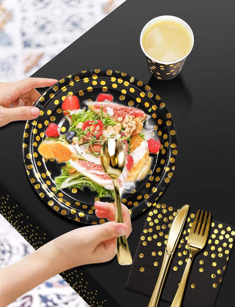 Nkaiso 141 Pieces Black Gold Party Supplies  Party Dinnerware Sets Include Paper Plates Napkins Cups Silverware  for Wedding Bridal Shower Engagement Birthday Parties Decoration -20 Serves - Image 4