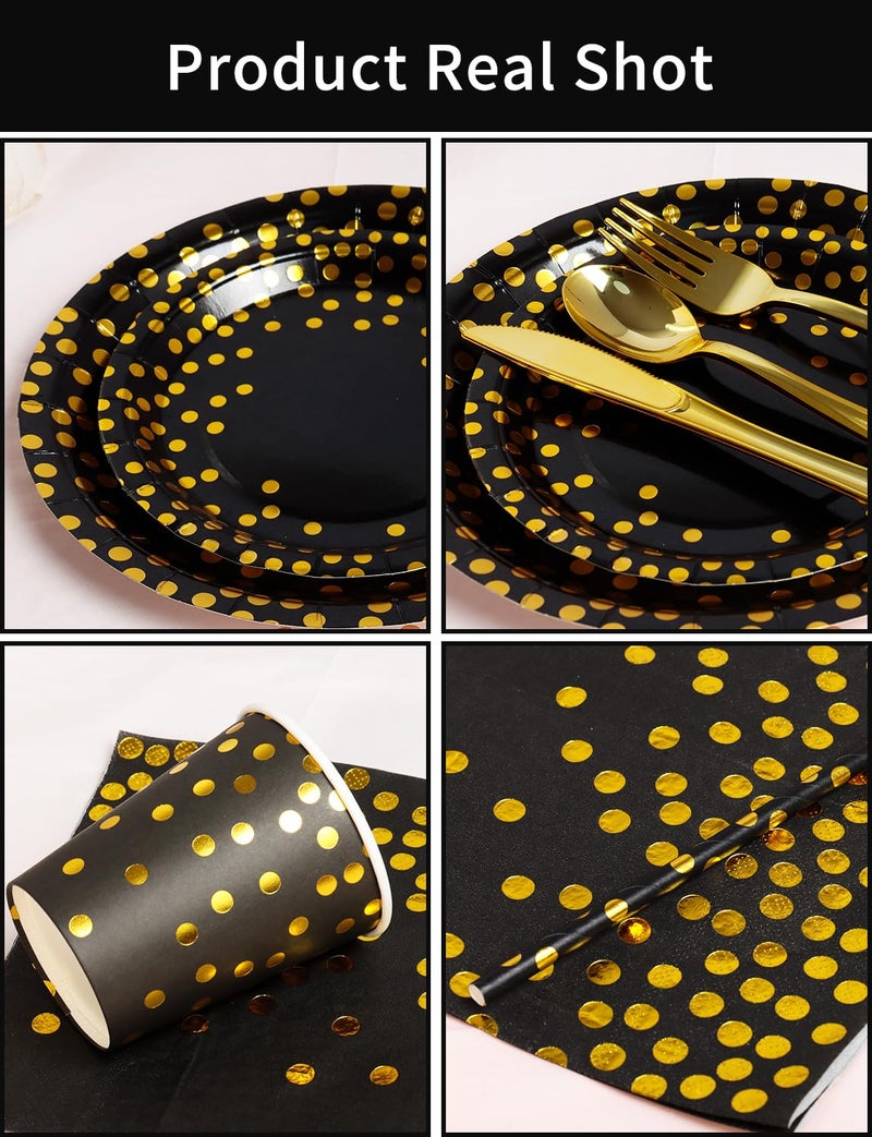 Nkaiso 141 Pieces Black Gold Party Supplies  Party Dinnerware Sets Include Paper Plates Napkins Cups Silverware  for Wedding Bridal Shower Engagement Birthday Parties Decoration -20 Serves - Image 2