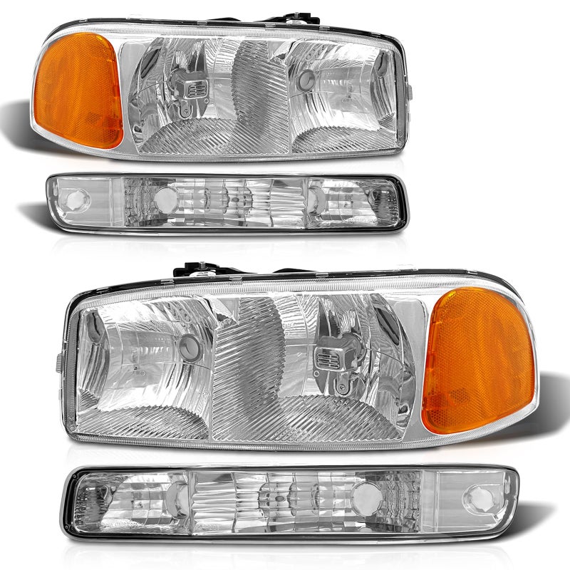 AXLAHA Compatible with 19992006 GMC Sierra 1500 2500 3500 Headlights Assembly 0006 GMC Yukon 1500 2500 XL Headlamp with Chrome Housing Amber Reflector Replacement