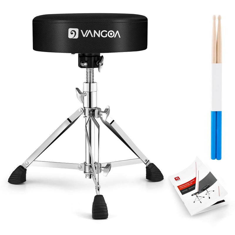 Vangoa Drum Stool Throne Set for Kids Teens Adults, Drum Seat Chair Height Adjustable Double Braced Upgraded Drumming Stool with 5A Drumsticks for Drummers