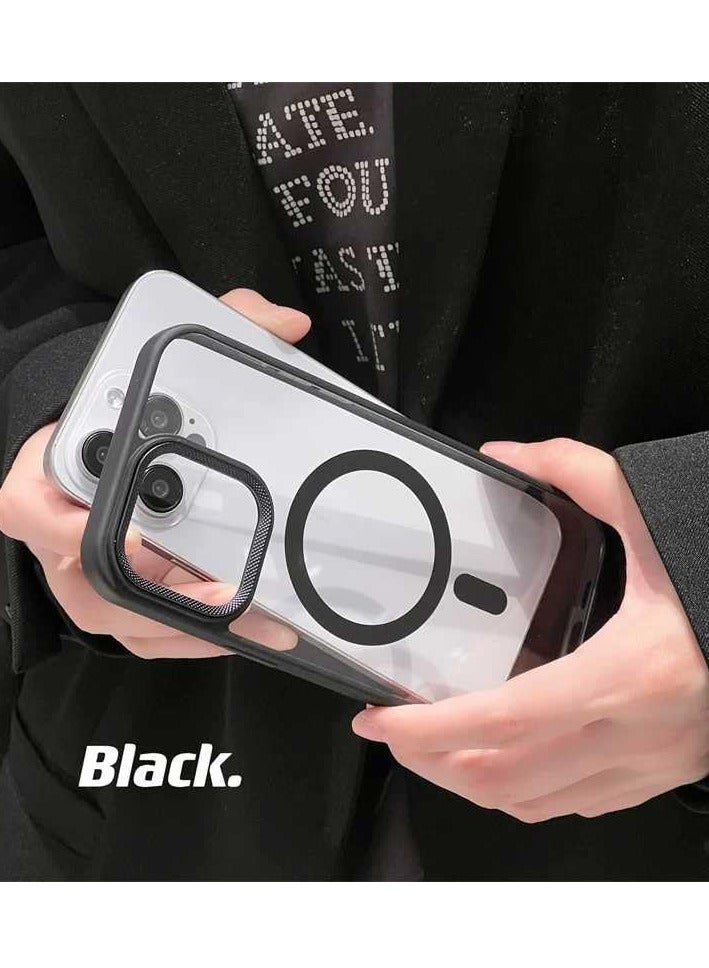 Luxury Metal Lens Camera Protection Magsafe Phone Case for iPhone 14 Pro Max Wireless Charging Cover - Clear Back Slim -Black - Image 2