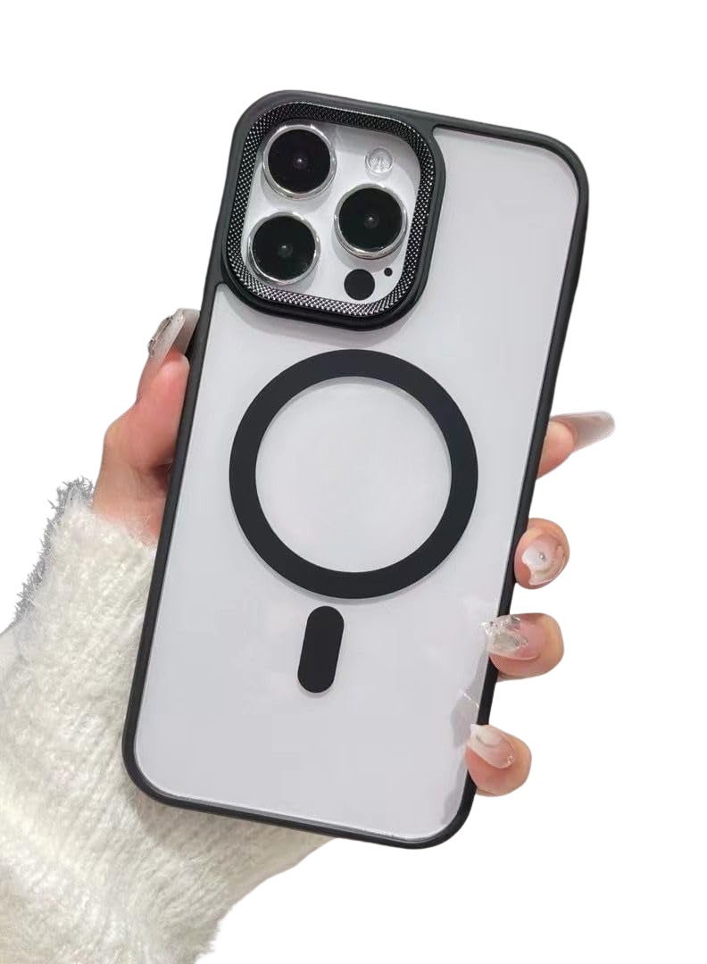Luxury Metal Lens Camera Protection Magsafe Phone Case for iPhone 14 Pro Max Wireless Charging Cover - Clear Back Slim -Black - Image 1