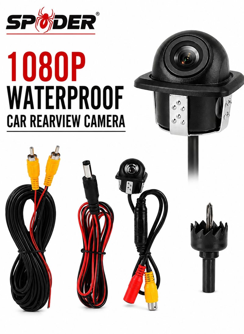 SPIDER 1080P Waterproof Car Rearview Camera, 12V 170° Wide Angle HD Reversing Backup Parking Camera with Night Vision, IP67 Weatherproof Rear View Mirror Camera, RCA Video Cable, Power Cable & Hole Saw for Cars, SUVs, Vans and Parking Assistance - Image 1
