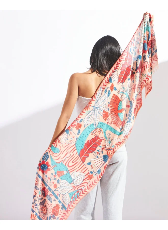 Chumbak Chumbak Tiger Kingdom Tropical Scarf - Peach, Rectangular