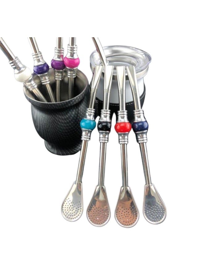 Yerba Mate Bombilla Straw with Filter Spoon & Cleaning Brush, Stainless Steel, Colorful Bead - Image 3
