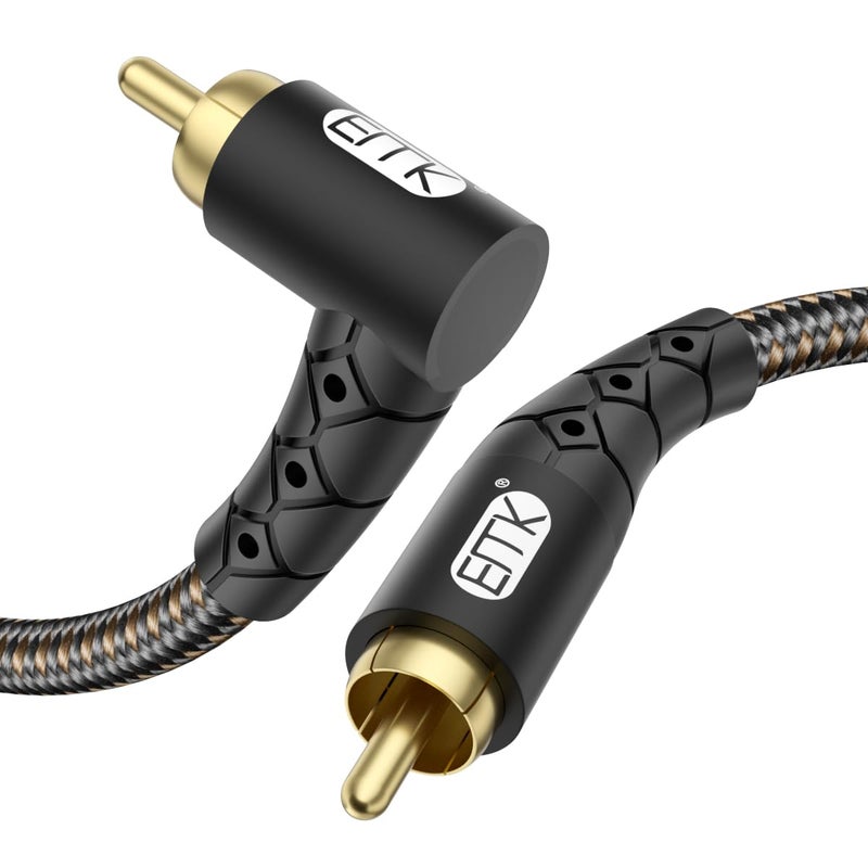 EMK 90 Degree RCA Subwoofer Cable 24K Gold-Plated Connector Nylon Braided Double Shielded â€“ Support Digital & Analog Signals for Amplifier, Home Theater, Hi-Fi System,Subwoofer Black/3.3ft/1m - Image 1
