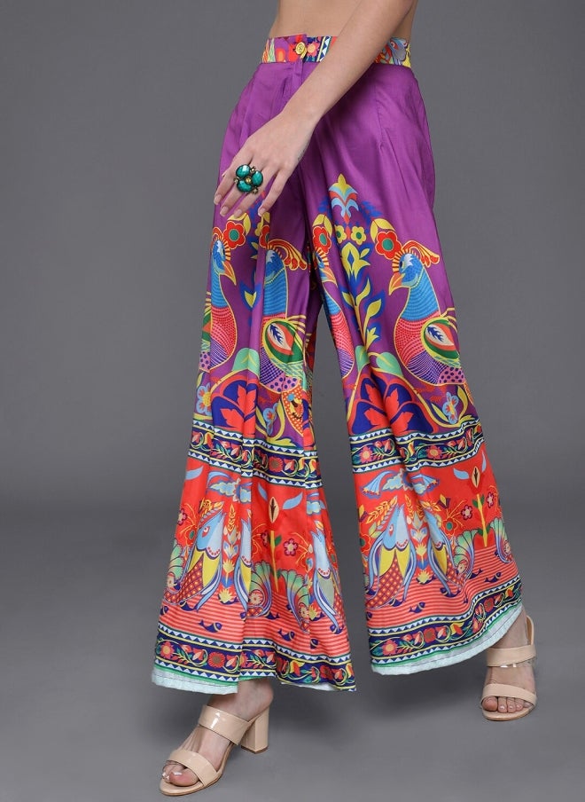 AKS Purple Ethnic Motifs Printed Flared Palazzos for Women - Image 1