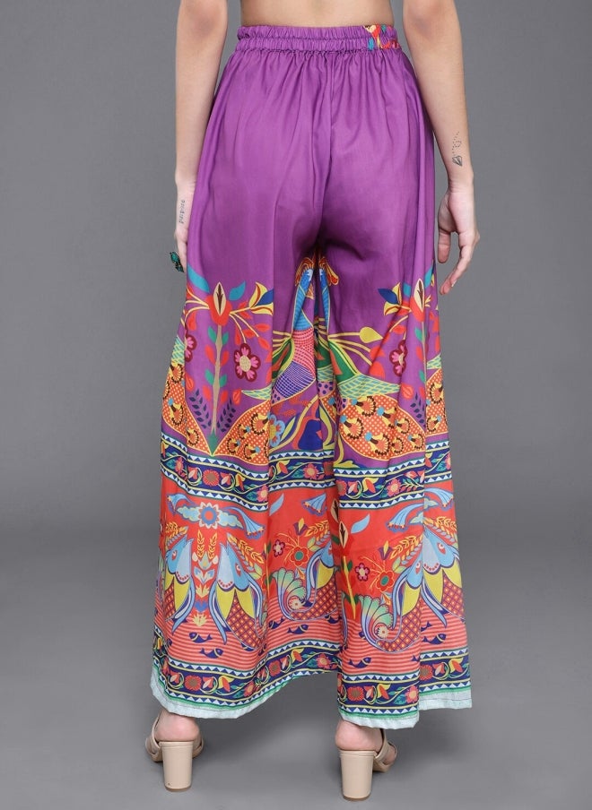 AKS Purple Ethnic Motifs Printed Flared Palazzos for Women - Image 4