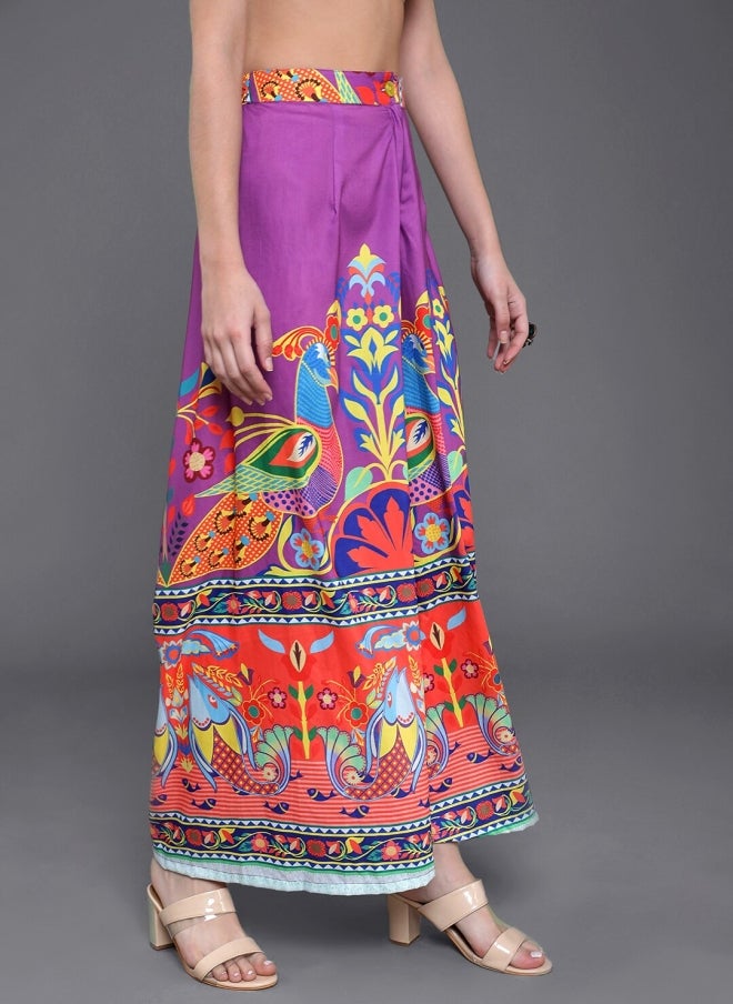 AKS Purple Ethnic Motifs Printed Flared Palazzos for Women - Image 2