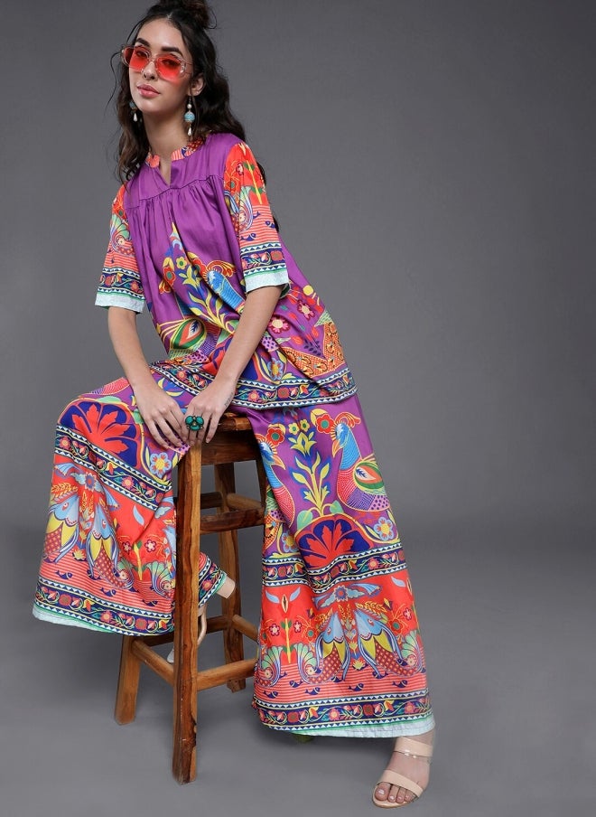 AKS Purple Ethnic Motifs Printed Flared Palazzos for Women - Image 5
