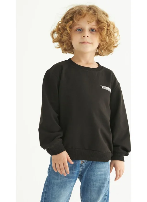 Zepkids Crew Neck Long Sleeve Weekend Feel Printed Black Color Boy's Sweatshirt