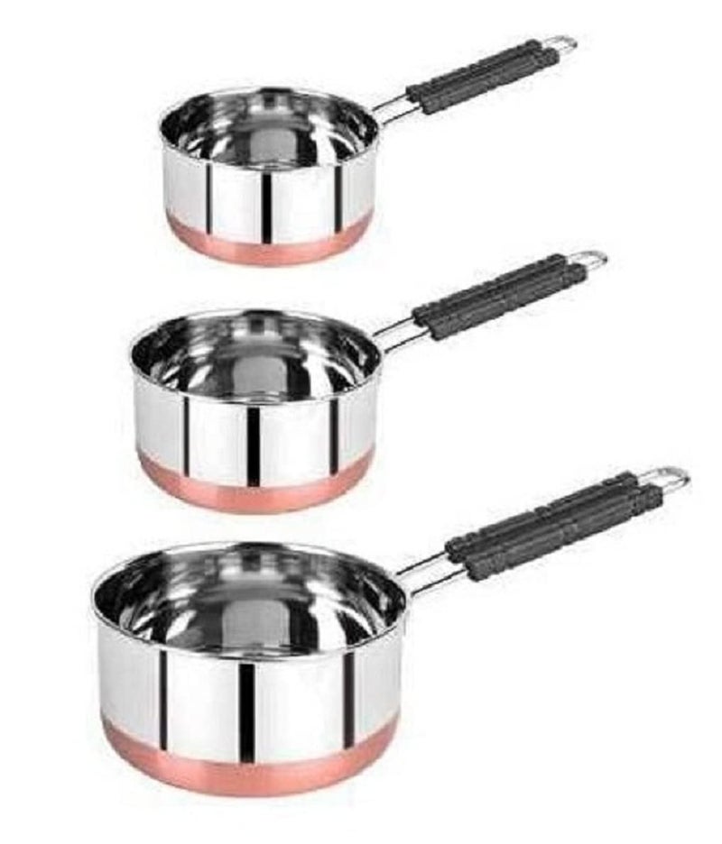 Dynore Stainless Steel Copper Bottom Flat Base Sauce Pan, Tea Pan, Milk Pan, Tapeli, Patila, Sauce Pot Cookware with Handle- Set of 3 - Image 1