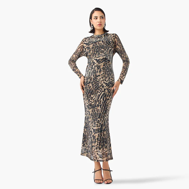 2Xtremz 2Xtremz Mesh Embellished Dress with Long Sleeves and High Neck