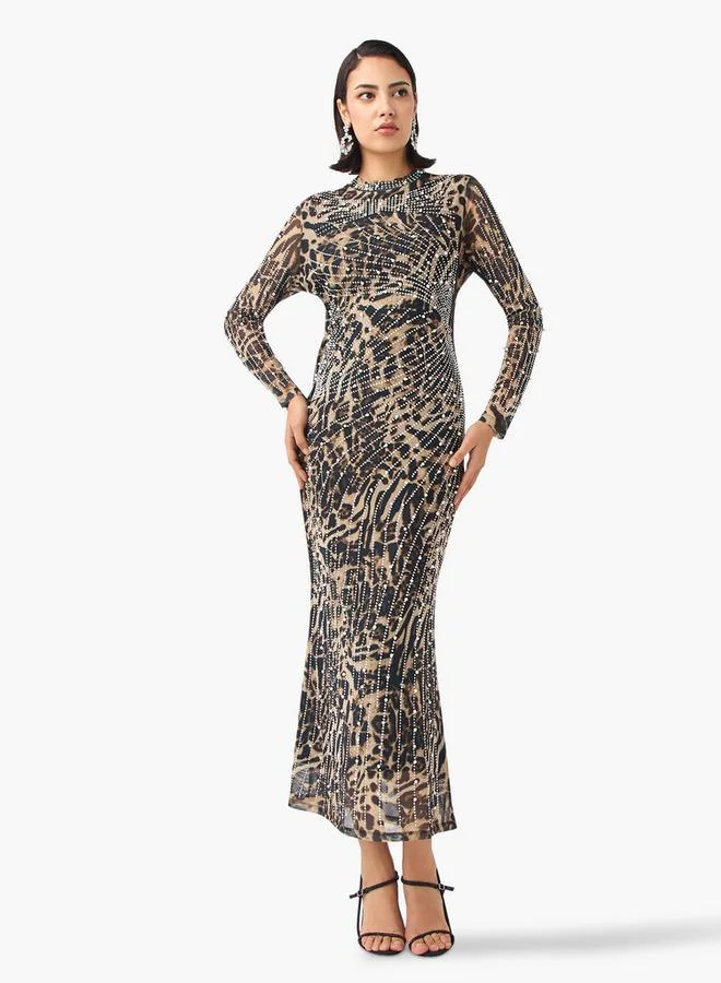 2Xtremz 2Xtremz Mesh Embellished Dress with Long Sleeves and High Neck