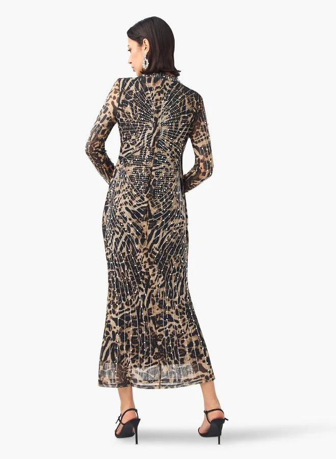 2Xtremz 2Xtremz Mesh Embellished Dress with Long Sleeves and High Neck