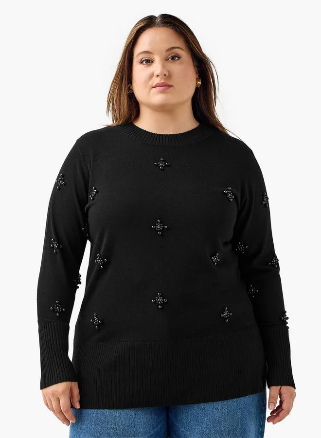 Ulla Popken Ulla Popken Relaxed Fit Pearl Embellished Round Neck Sweater