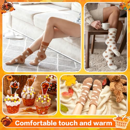 TLY 24 Pairs Thanksgiving Cupcake Socks Fuzzy Socks Coral Fleece Plush Cloud Soft Slipper Socks Winter Warm Cozy Soft for Women Warm Gift Brown - Image 3