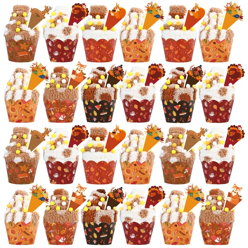 TLY 24 Pairs Thanksgiving Cupcake Socks Fuzzy Socks Coral Fleece Plush Cloud Soft Slipper Socks Winter Warm Cozy Soft for Women Warm Gift Brown - Image 2