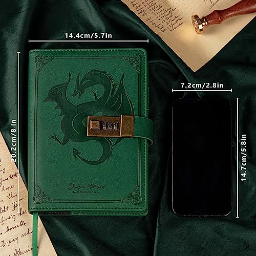 TIEFOSSI Dragon Leather Journal, Hardcover Notebook, Locked Refillable Diary, Lined/Blank Paper Writing Journals with Combination Lock for Men Women Child (Green) - Image 3
