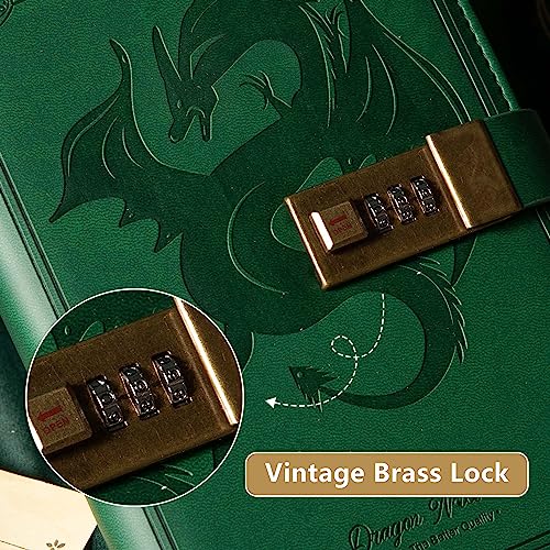 TIEFOSSI Dragon Leather Journal, Hardcover Notebook, Locked Refillable Diary, Lined/Blank Paper Writing Journals with Combination Lock for Men Women Child (Green) - Image 4