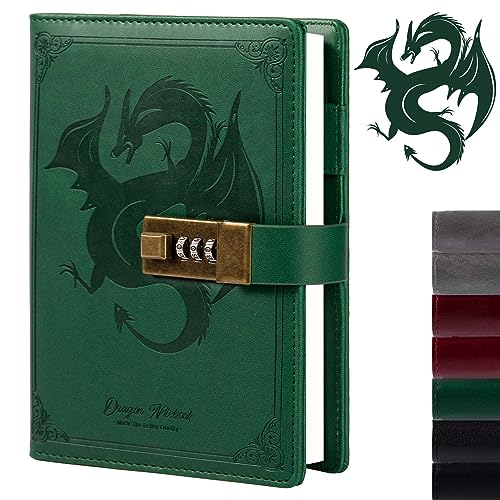 TIEFOSSI Dragon Leather Journal, Hardcover Notebook, Locked Refillable Diary, Lined/Blank Paper Writing Journals with Combination Lock for Men Women Child (Green) - Image 1