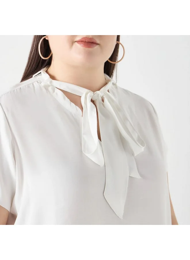 Ulla Popken Plus Size Ulla Popken Solid Top with Tie-Up Detail