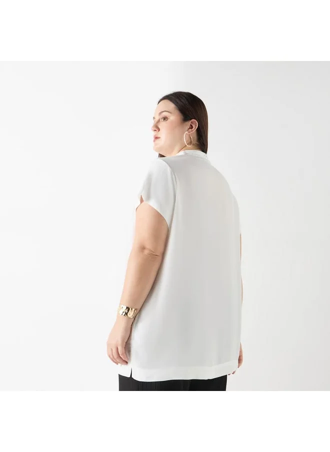 Ulla Popken Plus Size Ulla Popken Solid Top with Tie-Up Detail