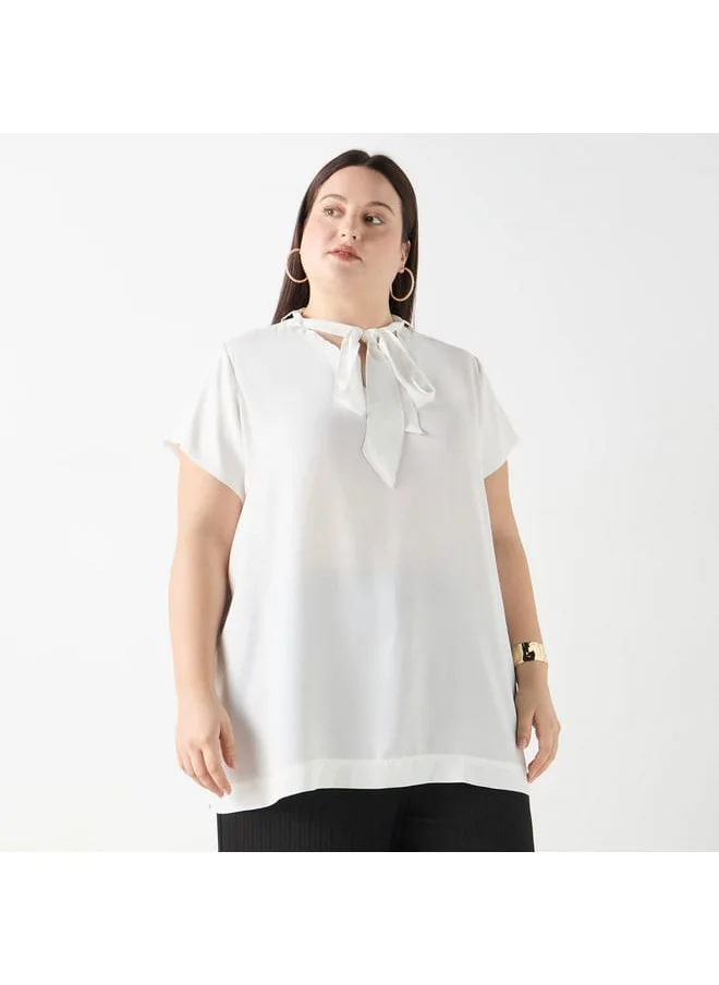 Ulla Popken Plus Size Ulla Popken Solid Top with Tie-Up Detail