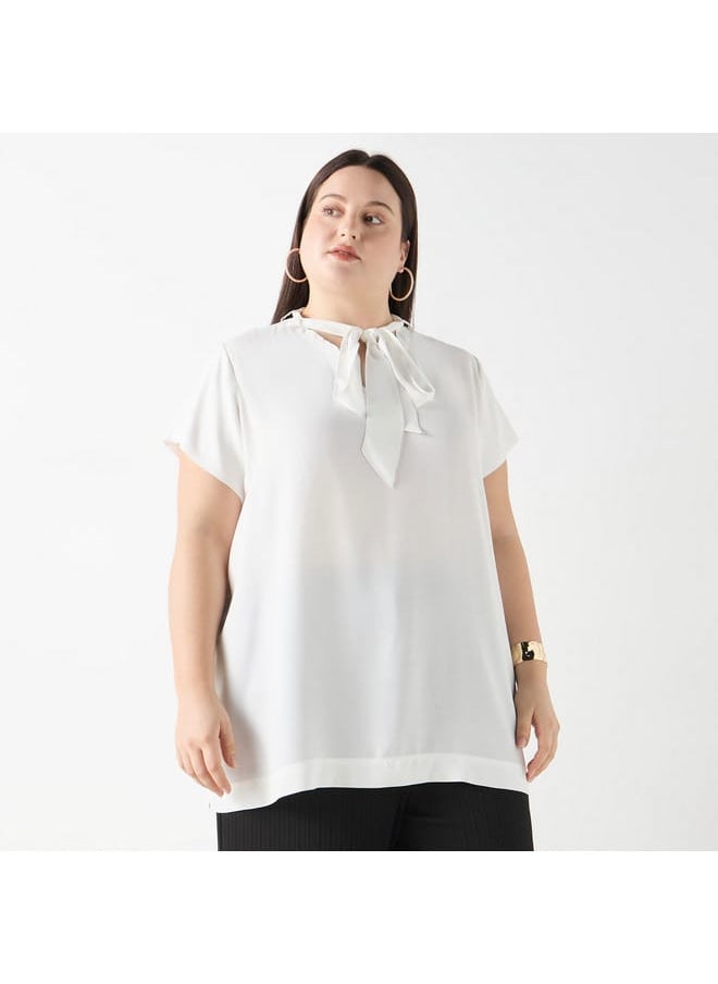 Ulla Popken Plus Size Ulla Popken Solid Top with Tie-Up Detail  - Image 1