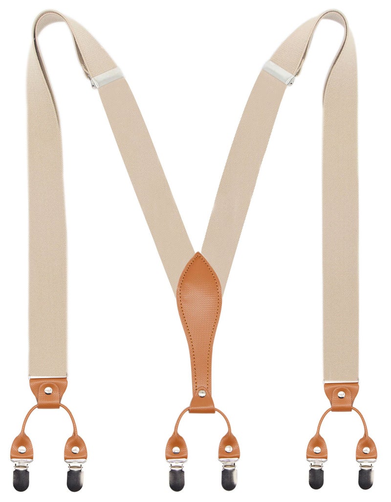 Timiot Mens Suspender Wide Leather 6 Metal Clips Adjustable Straps Y Shape (Champagne) - Image 1