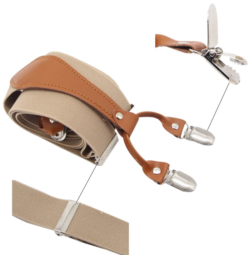 Timiot Mens Suspender Wide Leather 6 Metal Clips Adjustable Straps Y Shape (Champagne) - Image 2