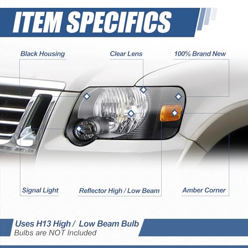 Auto Dynasty Headlight Assembly Headlamps Compatible with 2006 2007 2008 2009 2010 Ford Explorer/Sport Trac, Driver and Passengers, Black Housing Amber Corner - Image 2