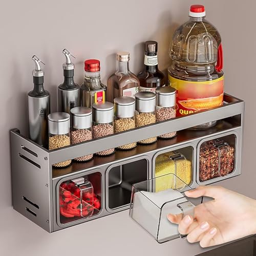House of Quirk 4 Slot Stainless Steel Kitchen Accessories Organizer Set - Condiment Rack Holder, Wall Mounted & Countertops Seasoning Organizer Household Containers Shelf with Spoons (Grey) - Image 1