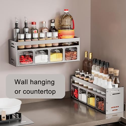 House of Quirk 4 Slot Stainless Steel Kitchen Accessories Organizer Set - Condiment Rack Holder, Wall Mounted & Countertops Seasoning Organizer Household Containers Shelf with Spoons (Grey) - Image 4
