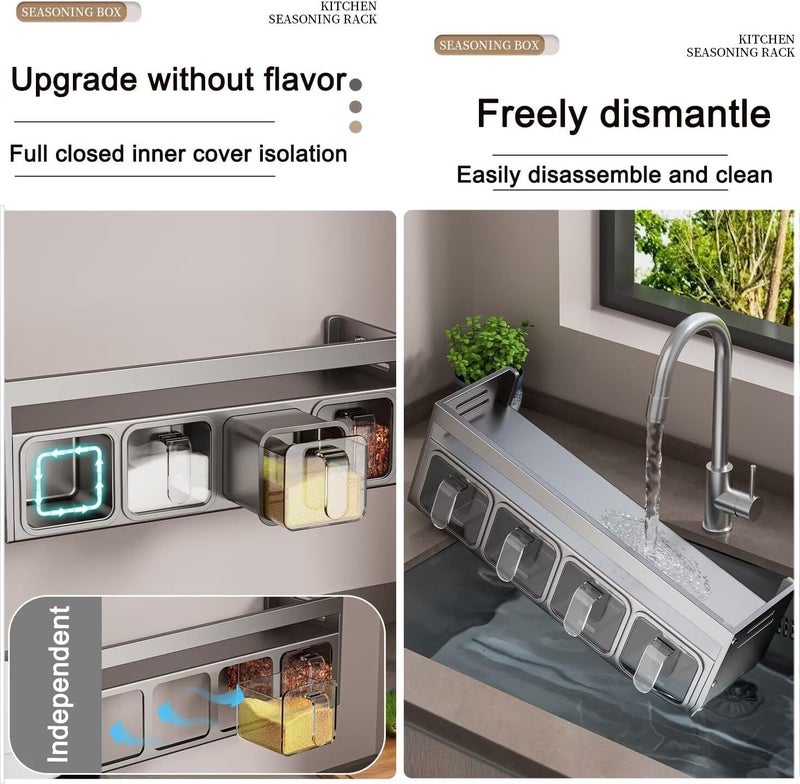 House of Quirk 4 Slot Stainless Steel Kitchen Accessories Organizer Set - Condiment Rack Holder, Wall Mounted & Countertops Seasoning Organizer Household Containers Shelf with Spoons (Grey) - Image 5