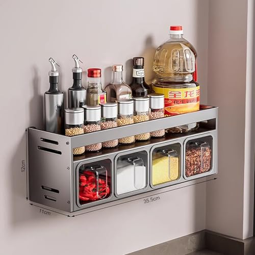 House of Quirk 4 Slot Stainless Steel Kitchen Accessories Organizer Set - Condiment Rack Holder, Wall Mounted & Countertops Seasoning Organizer Household Containers Shelf with Spoons (Grey) - Image 3