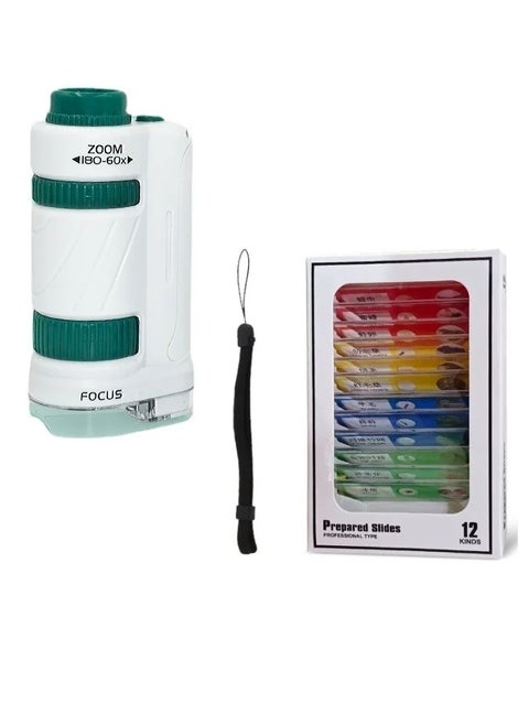 Kids Microscope. Handheld Portable Pocket Microscope, Educational Biological Mini Microscope With Led Light, Durable Easy To Carry Science Stem Toy For Students, Children,(Green With Prepared Slides)