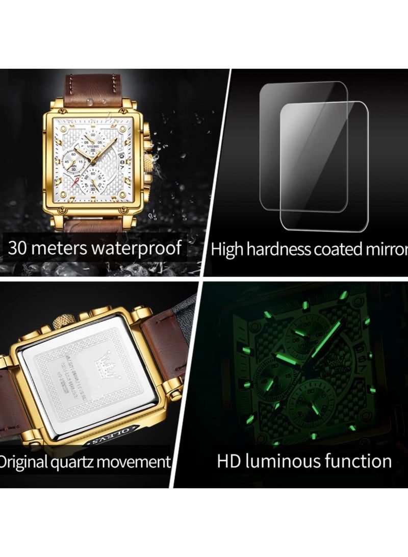 SYOSI Square Watches for Men, Brown Leather Strap, Multifunctional Chronograph Fashion Business Dress Analog Quartz Wrist Watches Luminous Waterproof - Image 5