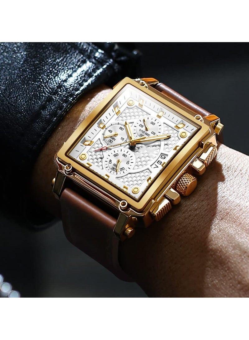 SYOSI Square Watches for Men, Brown Leather Strap, Multifunctional Chronograph Fashion Business Dress Analog Quartz Wrist Watches Luminous Waterproof - Image 3