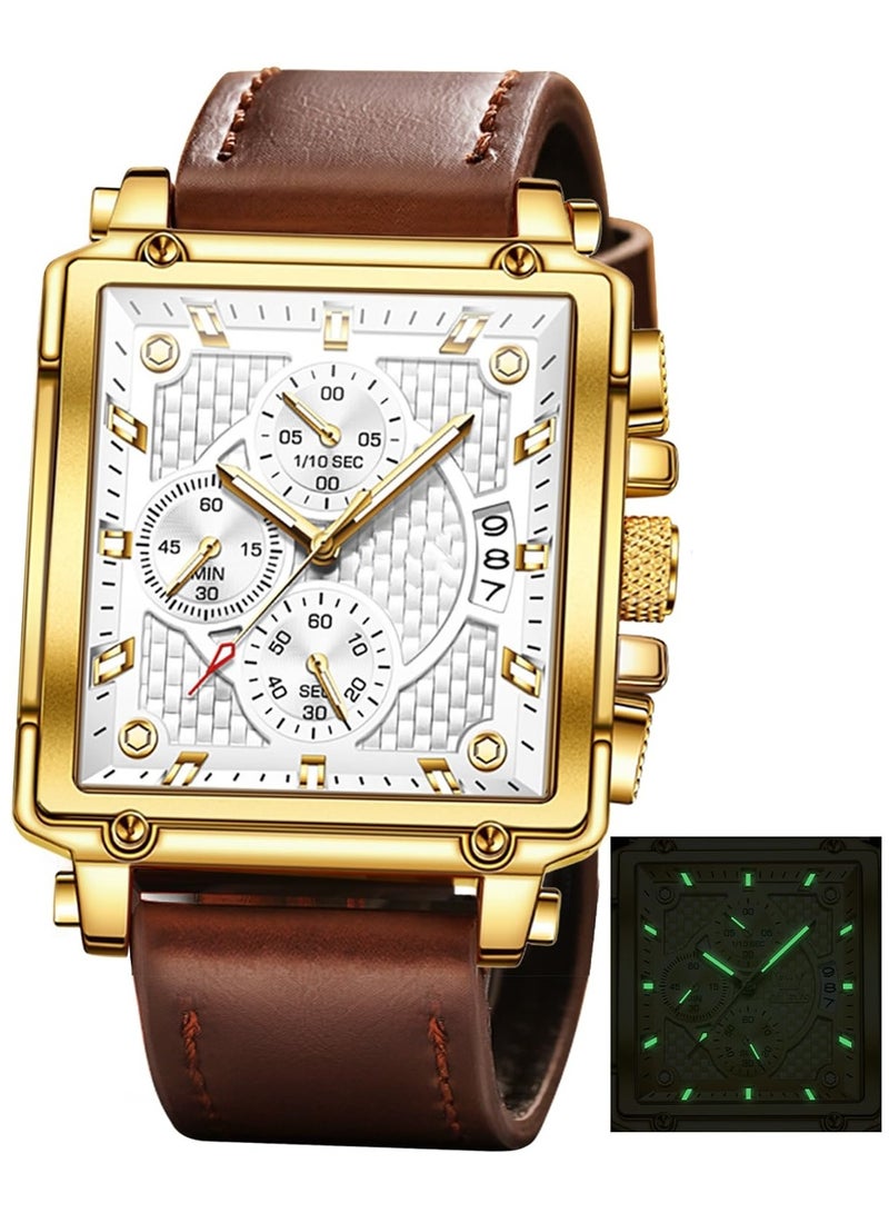 SYOSI Square Watches for Men, Brown Leather Strap, Multifunctional Chronograph Fashion Business Dress Analog Quartz Wrist Watches Luminous Waterproof - Image 1