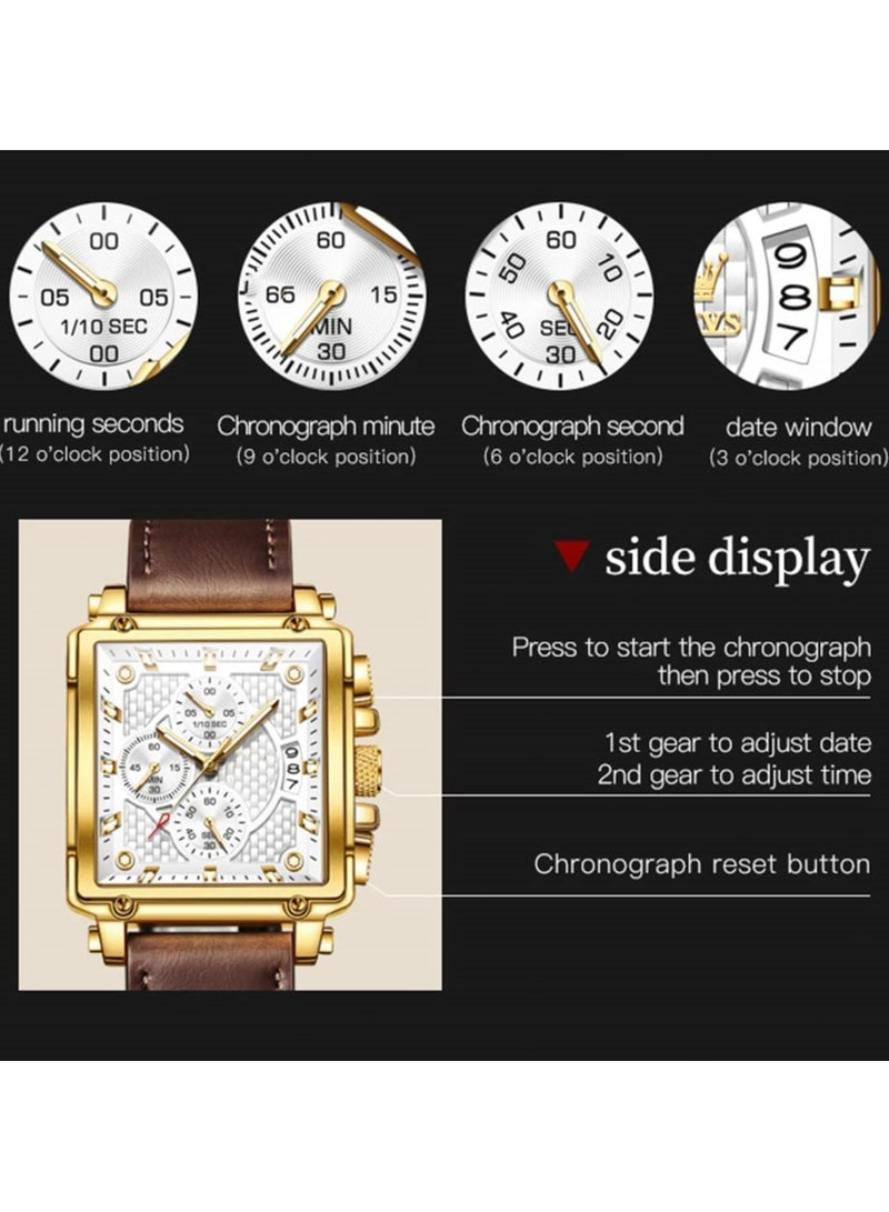 SYOSI Square Watches for Men, Brown Leather Strap, Multifunctional Chronograph Fashion Business Dress Analog Quartz Wrist Watches Luminous Waterproof - Image 4