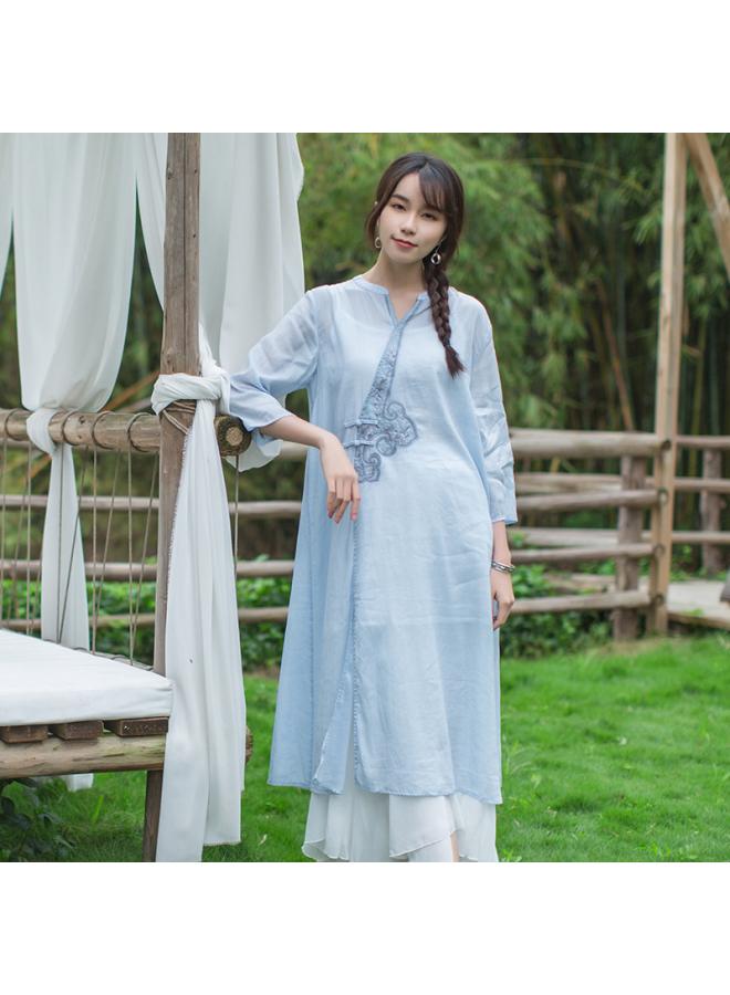 VUELO S20l29 Ramie Air Conditioning Shirt Cotton And Linen Cardigan Mid-length Loose Chinese Style Embroidered Retro Buckle 3/4 Sleeve